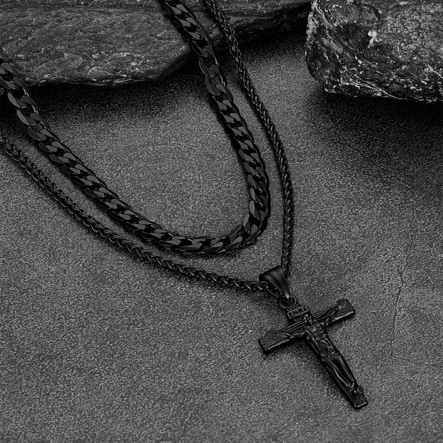 Jesus Crucifix Cross & Cuban Chain Layered Necklaces Set for