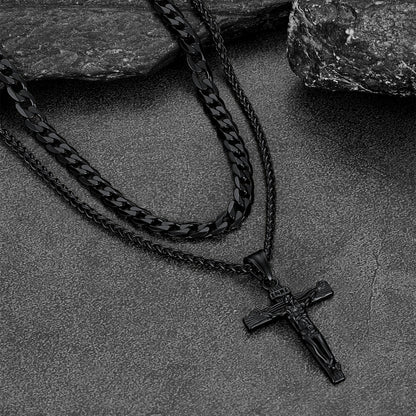 Jesus Crucifix Cross & Cuban Chain Layered Necklaces Set for