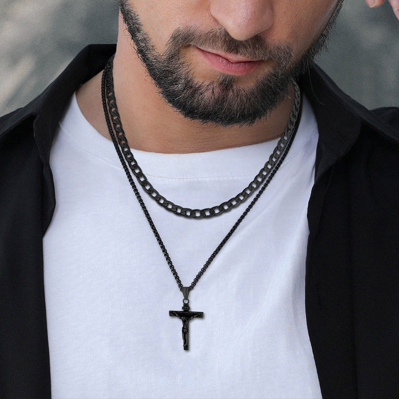 Jesus Crucifix Cross & Cuban Chain Layered Necklaces Set for