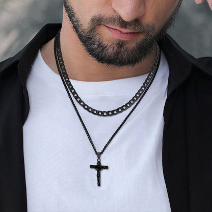 Gift for Jesus Cross & Cuban Chain Layered Necklace Set Birthday Gift