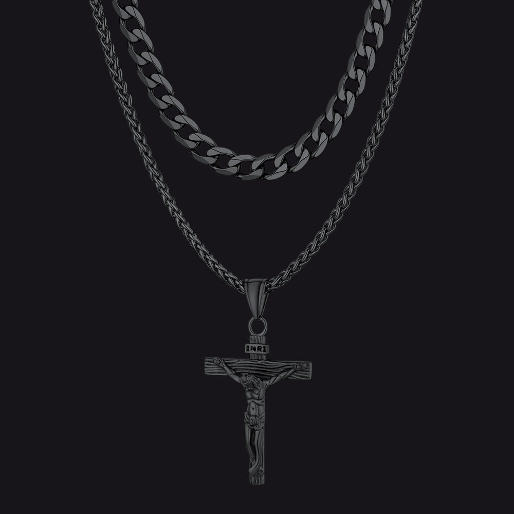 Jesus Crucifix Cross & Cuban Chain Layered Necklaces Set for