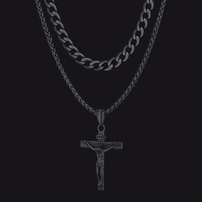 Jesus Crucifix Cross & Cuban Chain Layered Necklaces Set for