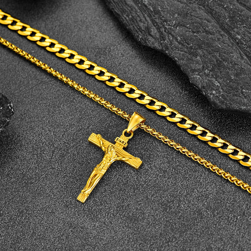 Gift for Jesus Cross & Cuban Chain Layered Necklace Set Birthday Gift