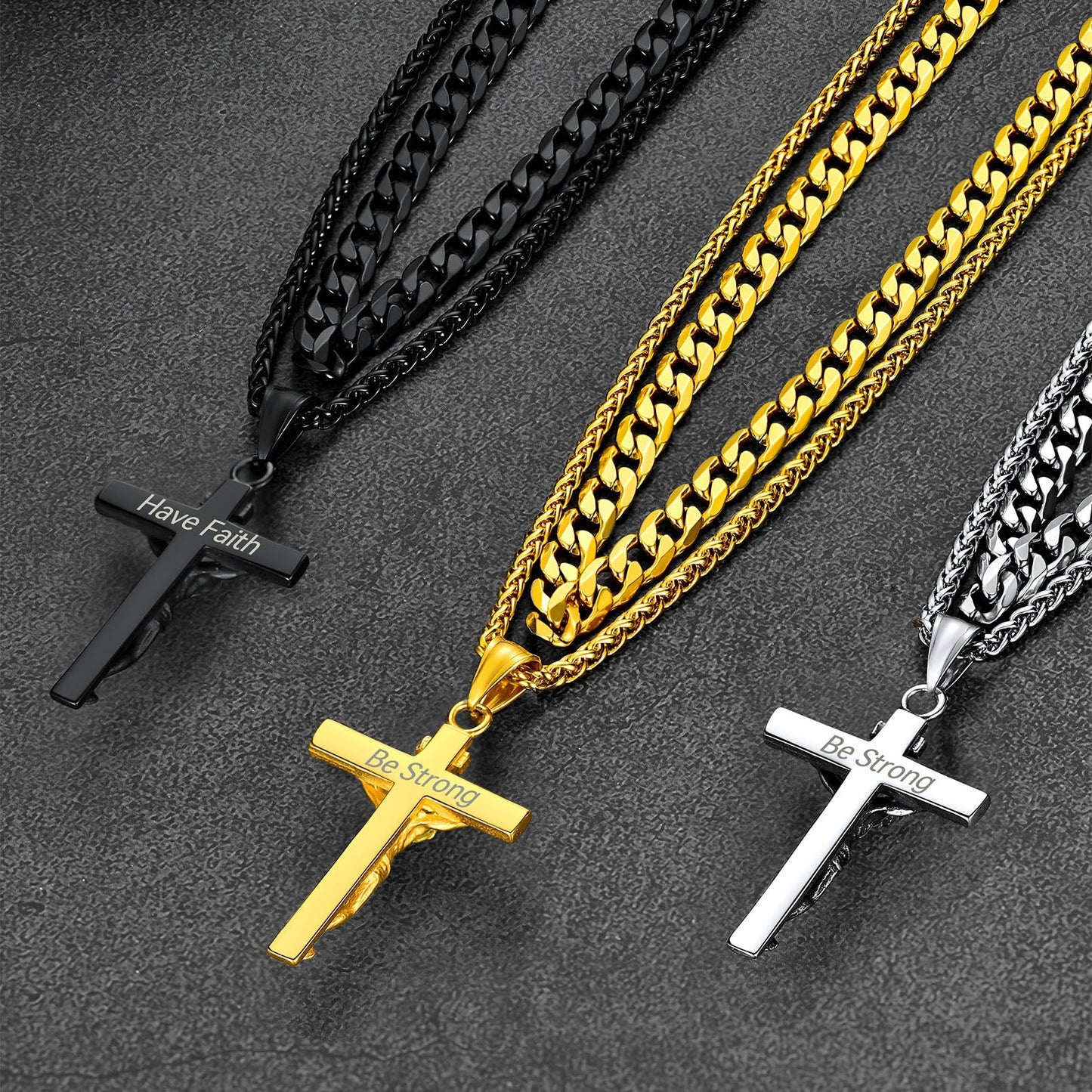 Gift for Jesus Cross & Cuban Chain Layered Necklace Set Birthday Gift