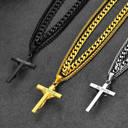 Gift for Jesus Cross & Cuban Chain Layered Necklace Set Birthday Gift