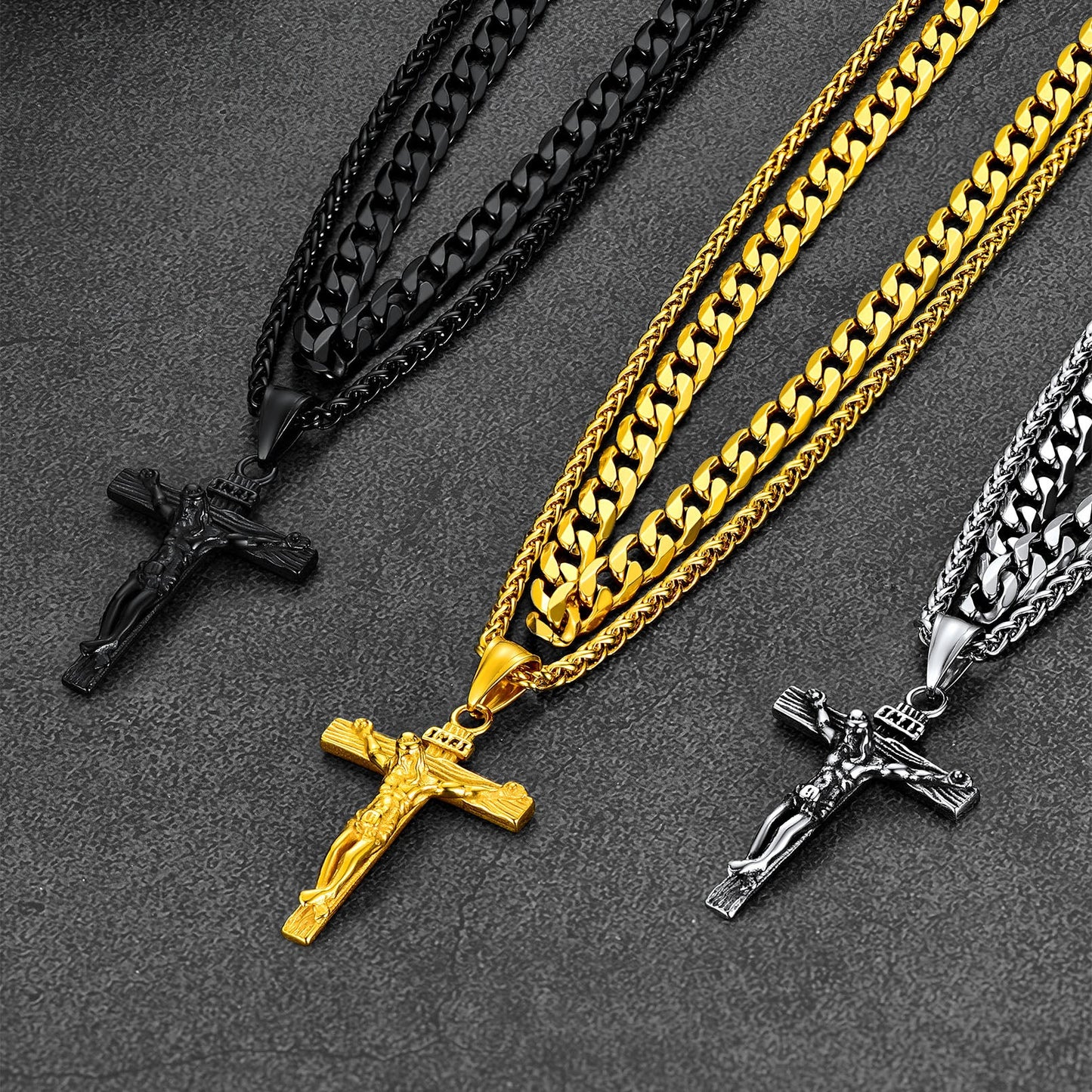 Gift for Jesus Cross & Cuban Chain Layered Necklace Set Birthday Gift