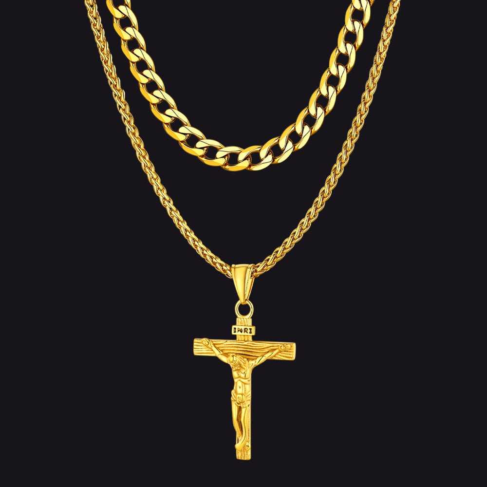 Gift for Jesus Cross & Cuban Chain Layered Necklace Set Birthday Gift
