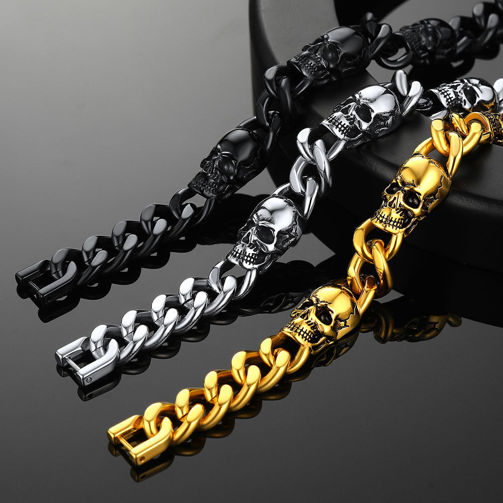 Gothic Skull Thick Cuban Chain Link Bracelet Halloween Gift for