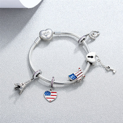 Cubic Zirconia American Flag Charm Beads Fit Bracelet Necklaces