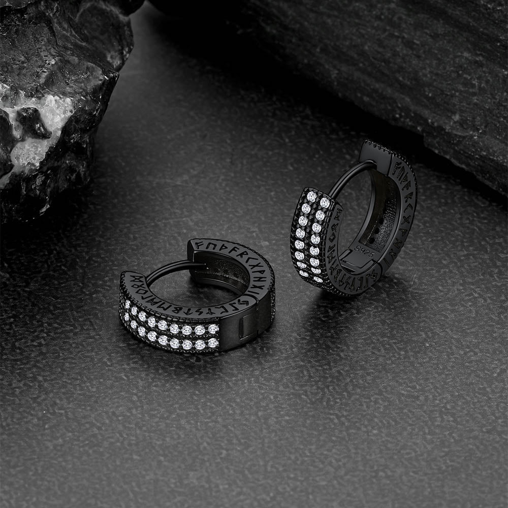 Sterling Silver Diamond Hoop Earrings With Viking Runes for