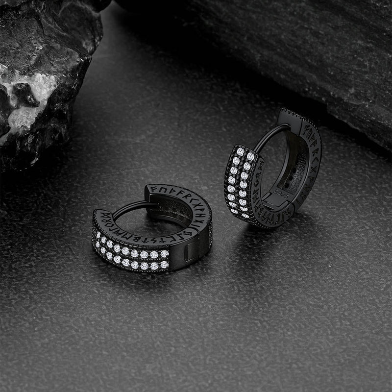 Sterling Silver Diamond Hoop Earrings With Viking Runes for