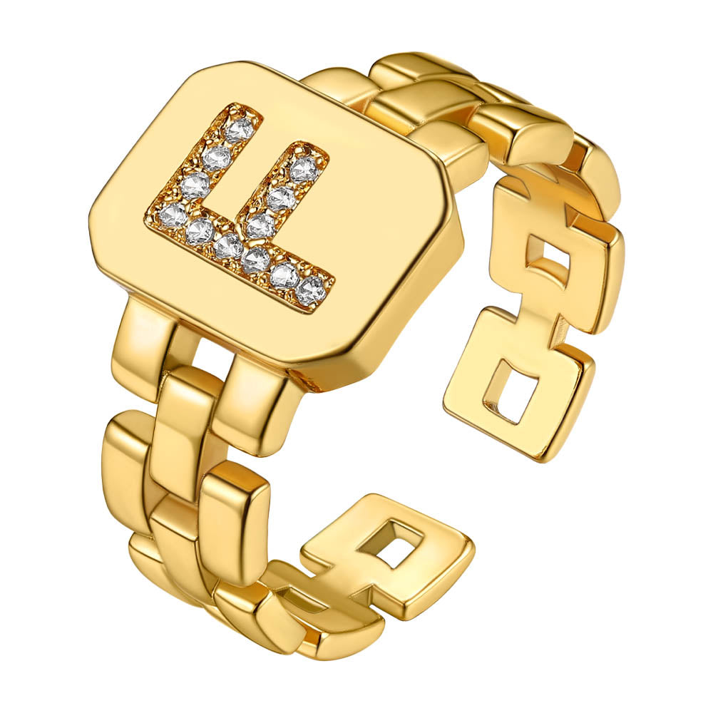 Cubic Zirconia Initial Letter Adjustable Chain Signet Rings for