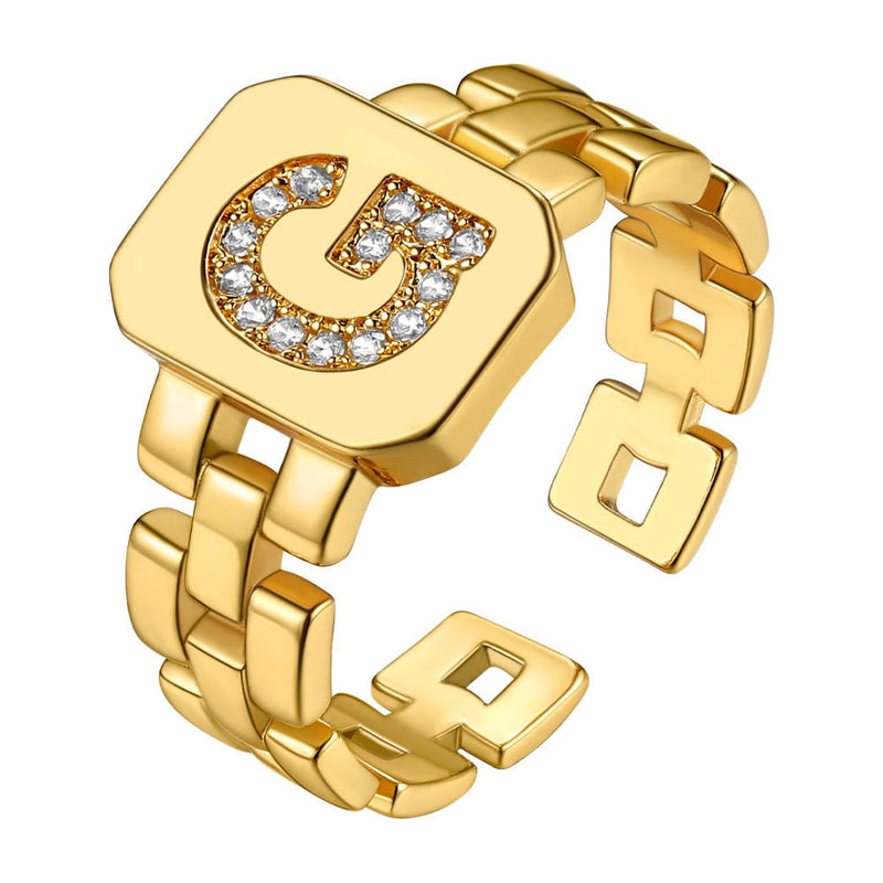 Cubic Zirconia Initial Letter Adjustable Chain Signet Rings for