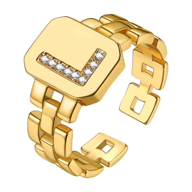 Cubic Zirconia Initial Letter Adjustable Chain Signet Rings for