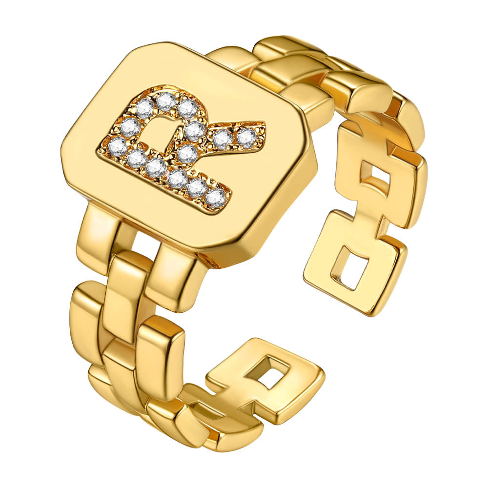 Cubic Zirconia Initial Letter Adjustable Chain Signet Rings for