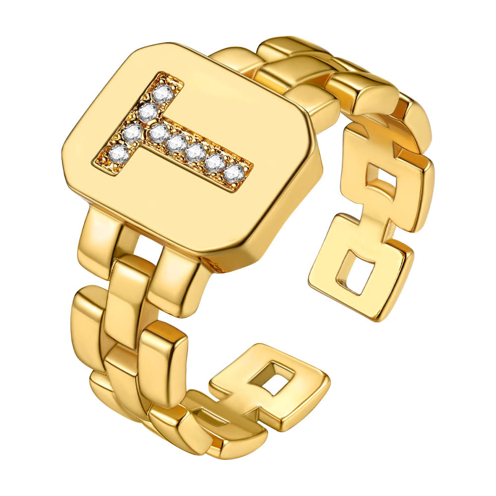 Cubic Zirconia Initial Letter Adjustable Chain Signet Rings for