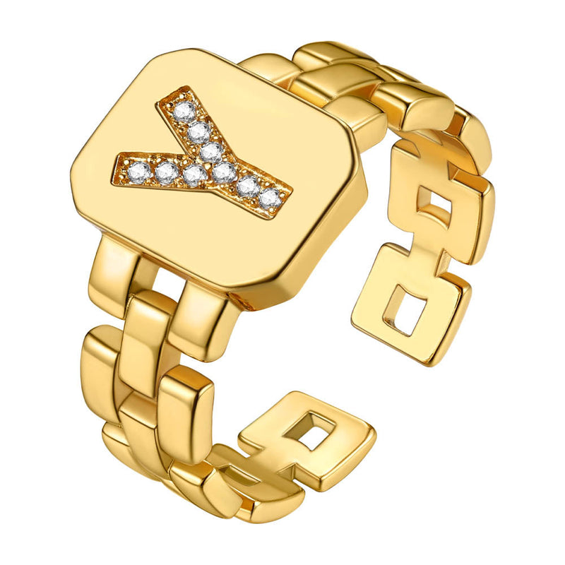 Cubic Zirconia Initial Letter Adjustable Chain Signet Rings for