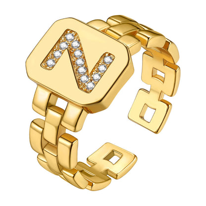 Cubic Zirconia Initial Letter Adjustable Chain Signet Rings for