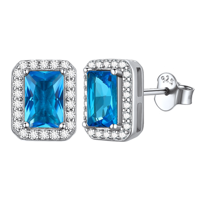 Silver Cubic Zirconia Square Cut Halo Stud Earrings for