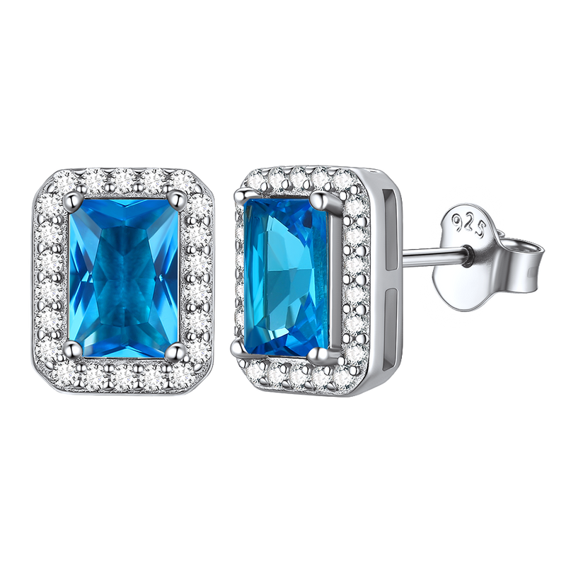 Silver Cubic Zirconia Square Cut Halo Stud Earrings for