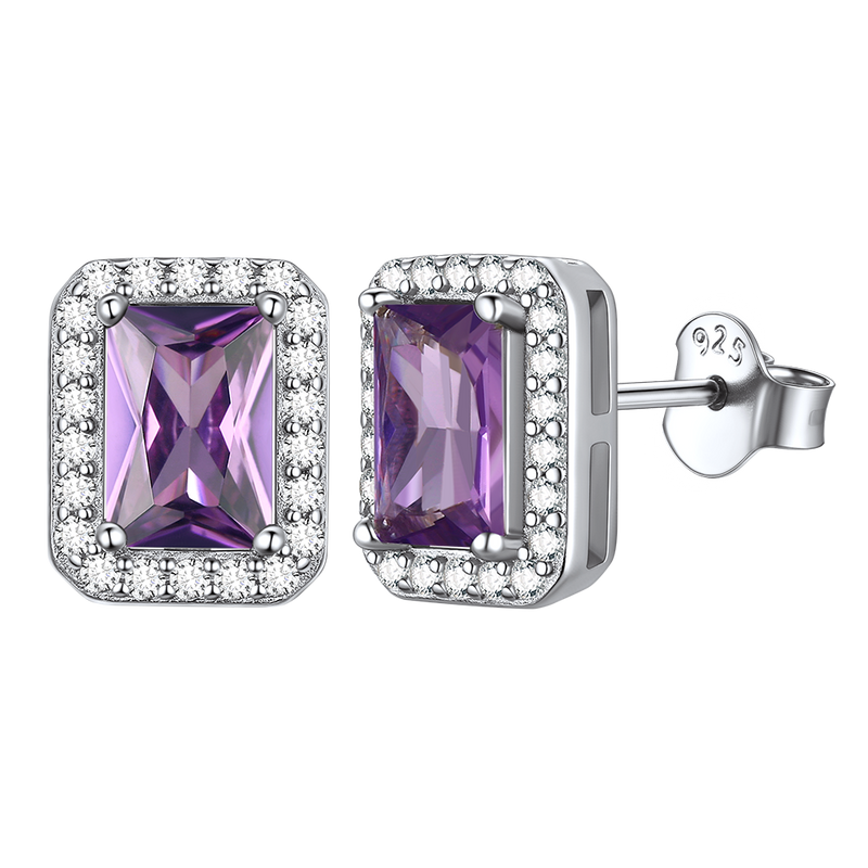 Silver Cubic Zirconia Square Cut Halo Stud Earrings for