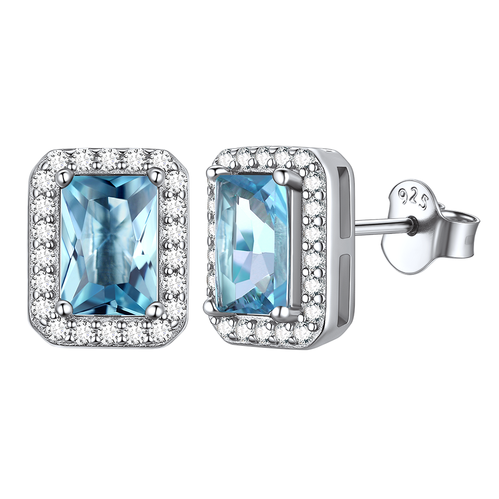 Silver Cubic Zirconia Square Cut Halo Stud Earrings for