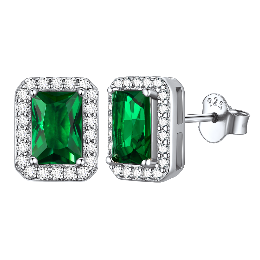 Silver Cubic Zirconia Square Cut Halo Stud Earrings for