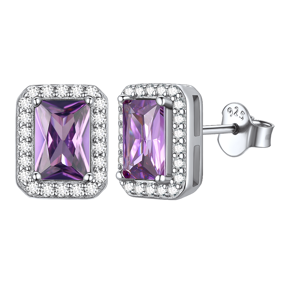 Silver Cubic Zirconia Square Cut Halo Stud Earrings for