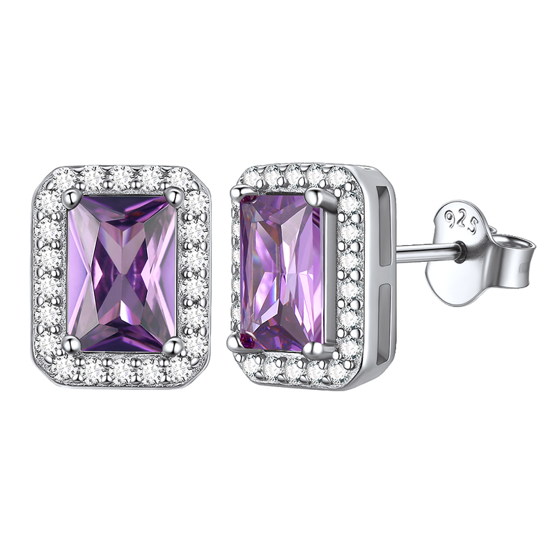 Silver Cubic Zirconia Square Cut Halo Stud Earrings for