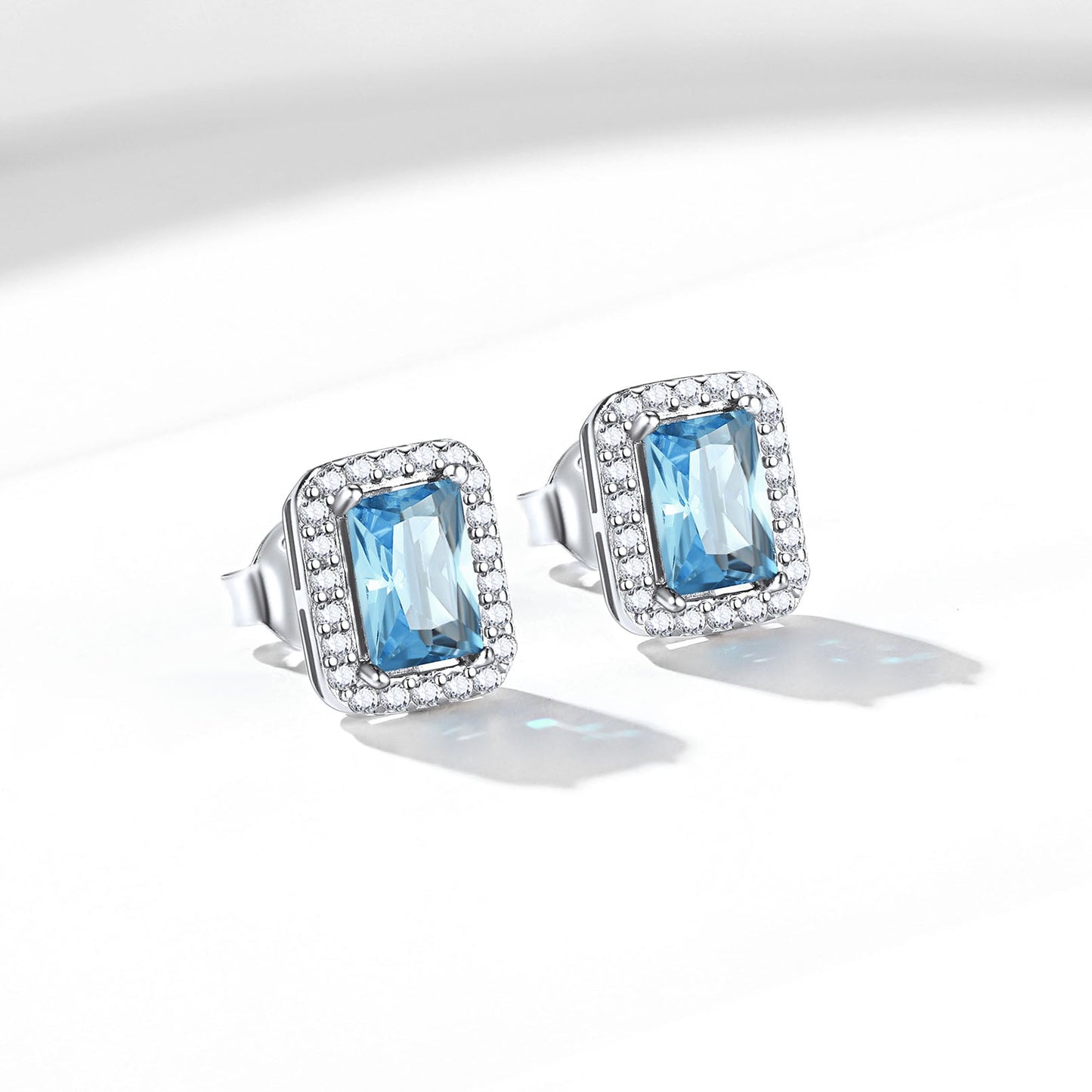 Silver Cubic Zirconia Square Cut Halo Stud Earrings for