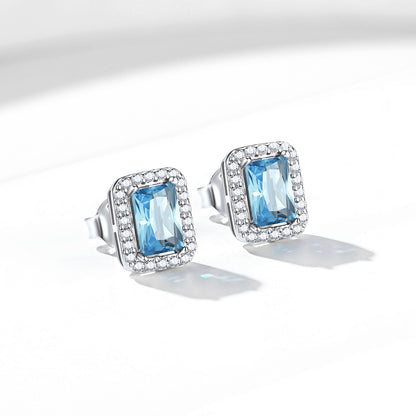 Silver Cubic Zirconia Square Cut Halo Stud Earrings for