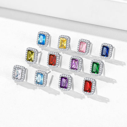 Silver Cubic Zirconia Square Cut Halo Stud Earrings for