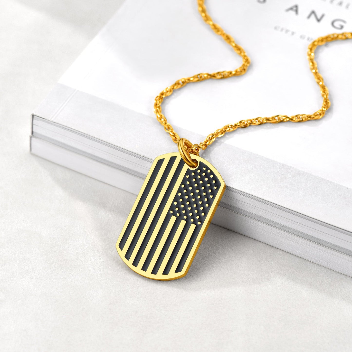 Engraved Patriotic American Flag Dog Tag Necklace for