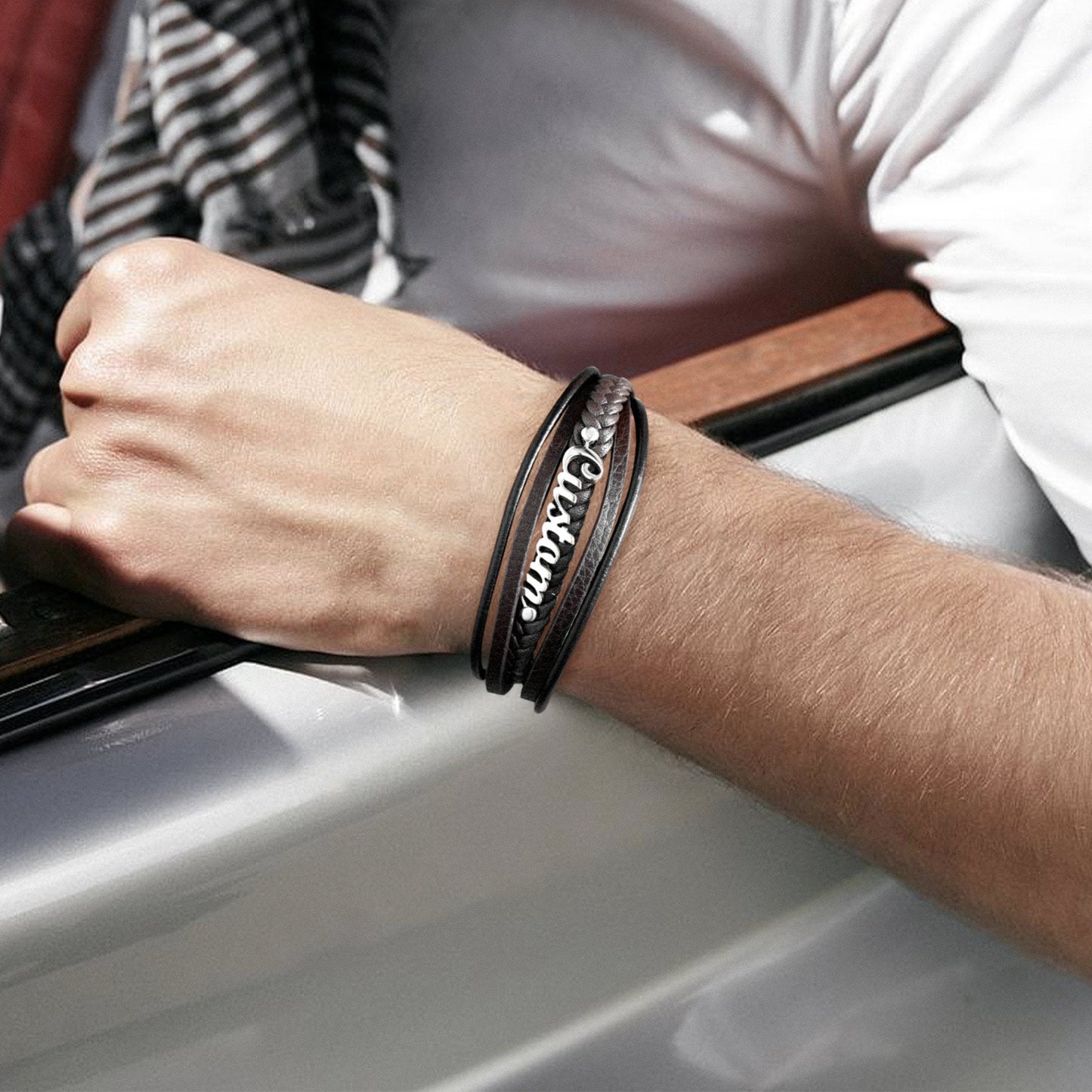 Custom Clasp Braided Leather Wristband Bracelet for Son Dad