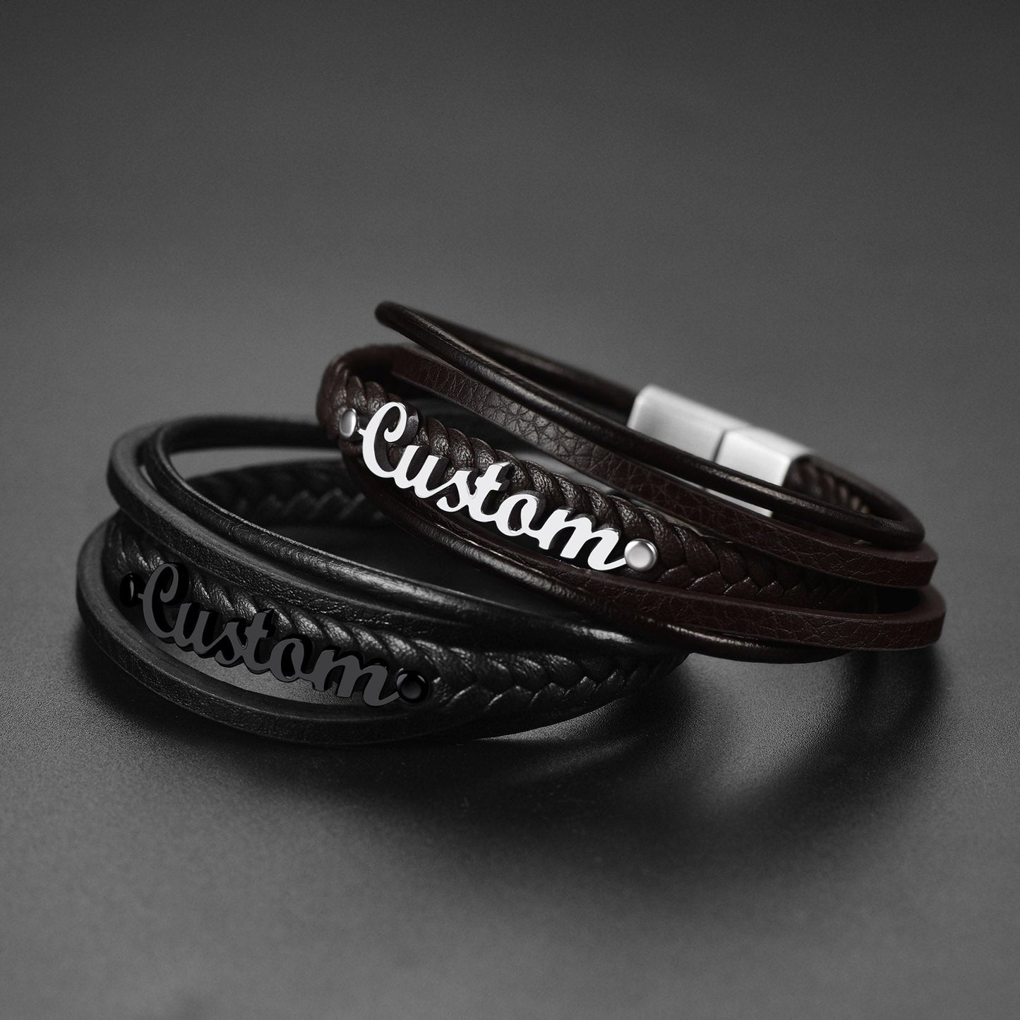 Custom Clasp Braided Leather Wristband Bracelet for Son Dad