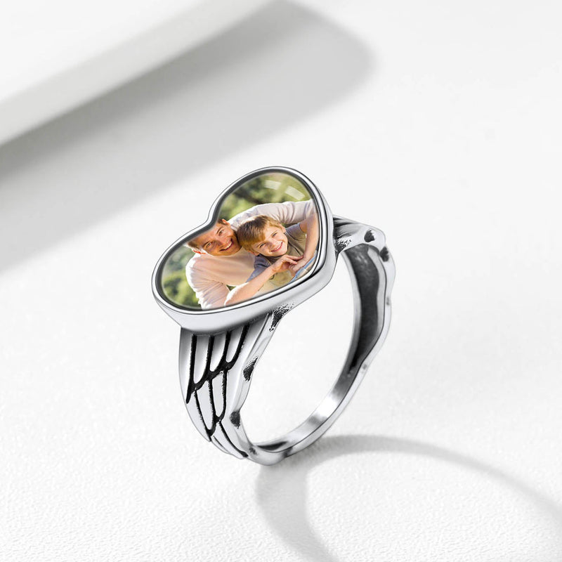 Personalized Photo Heart Angel Wing Ring With Picture for