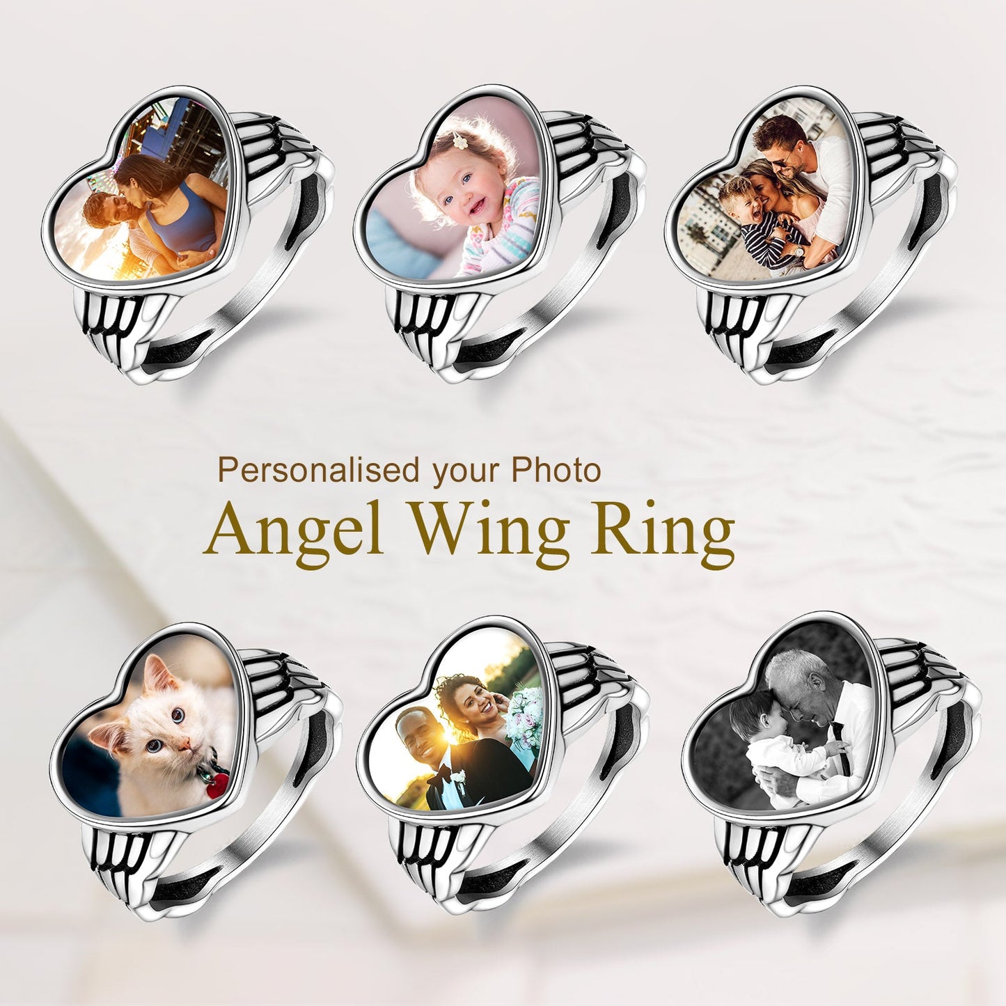 Personalized Photo Heart Angel Wing Ring With Picture for