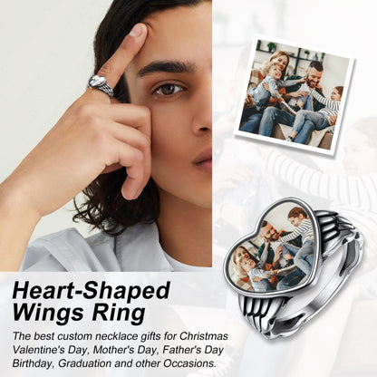 Personalized Photo Heart Angel Wing Ring With Picture for