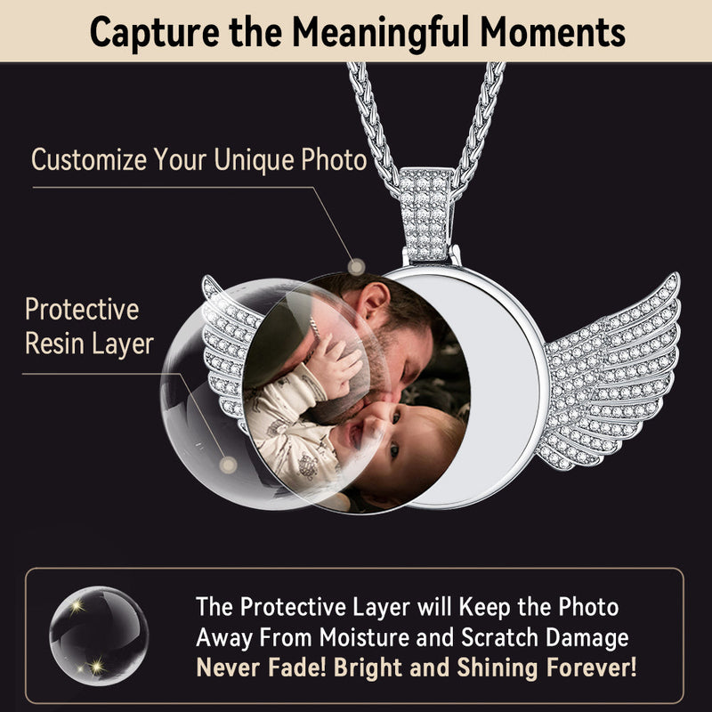 Sterling Silver Customized Memorial Picture Circle Chain Necklace With Angel Wing for
