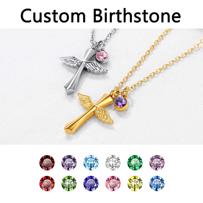Custom Cremation Cross Wing Urn Ashes Necklace With Birthstone