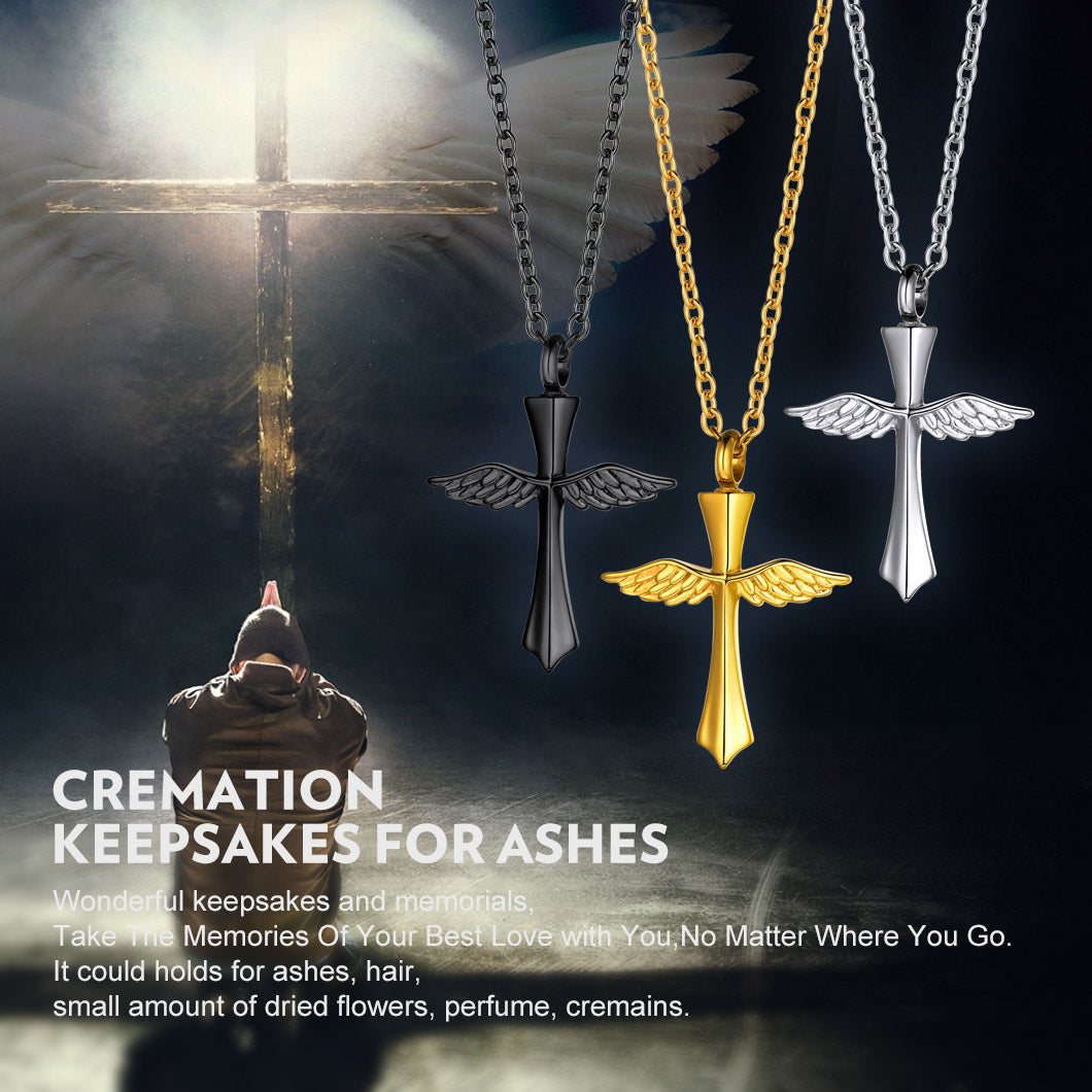 Custom Cremation Wings Cross Urn Ashes Pendant Necklace for
