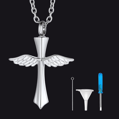 Custom Cremation Cross Wing Urn Ashes Necklace With Birthstone