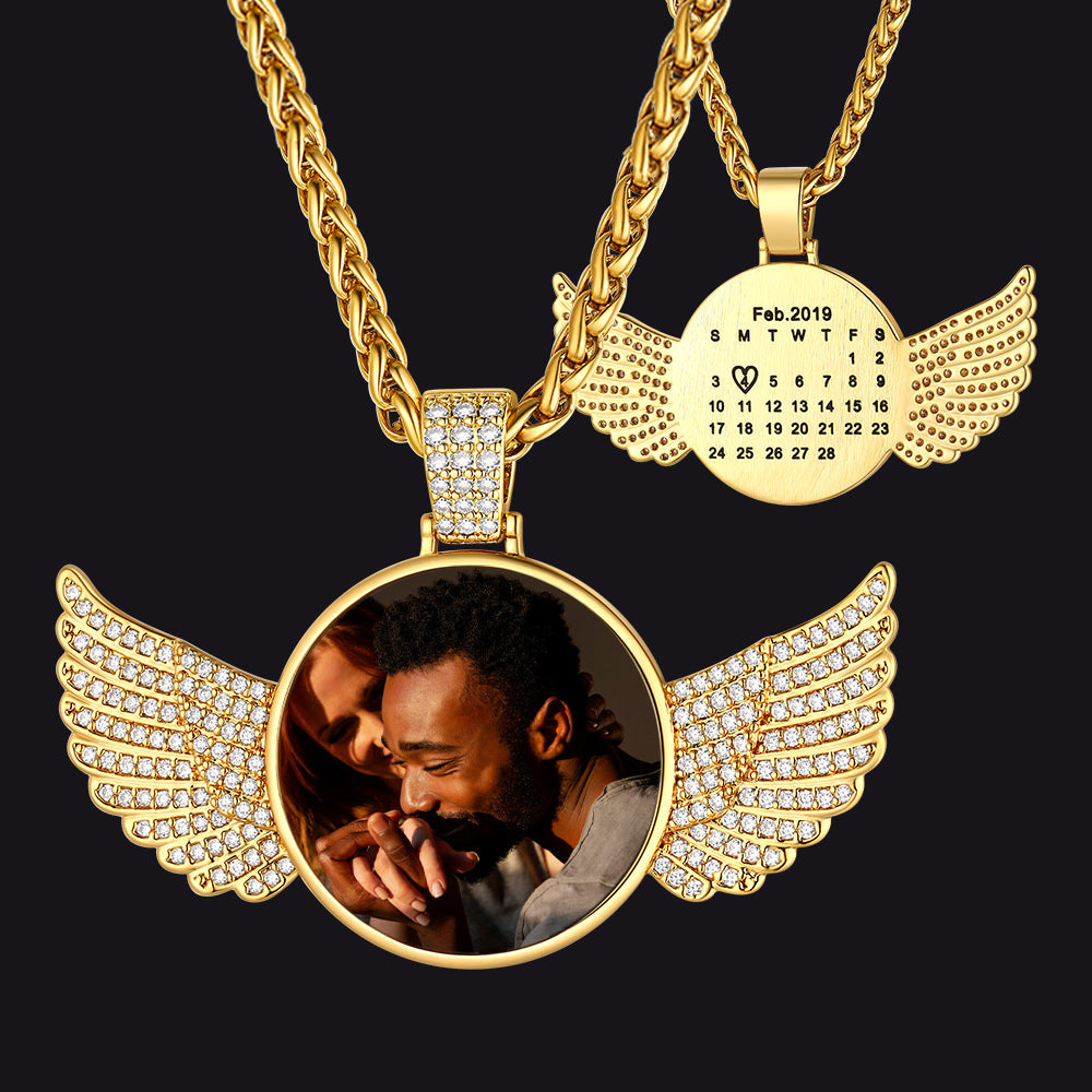 Custom Circle Picture Necklace With Angel Wing Memorial Gift for