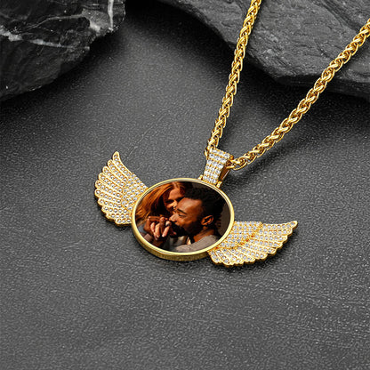 Custom Circle Picture Necklace With Angel Wing Memorial Gift for