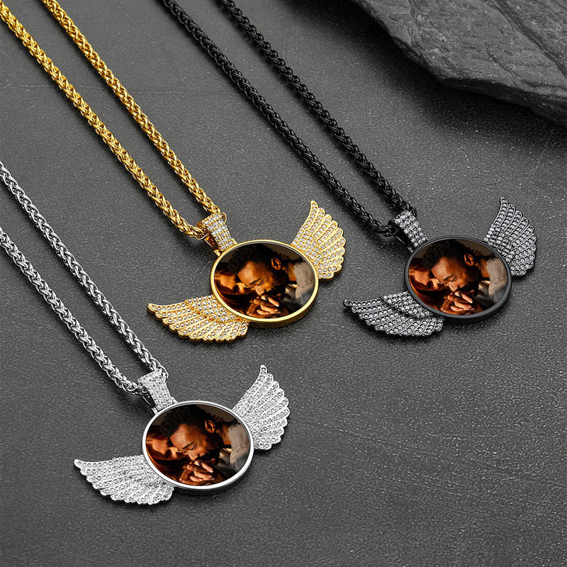 Custom Circle Picture Necklace With Angel Wing Memorial Gift for