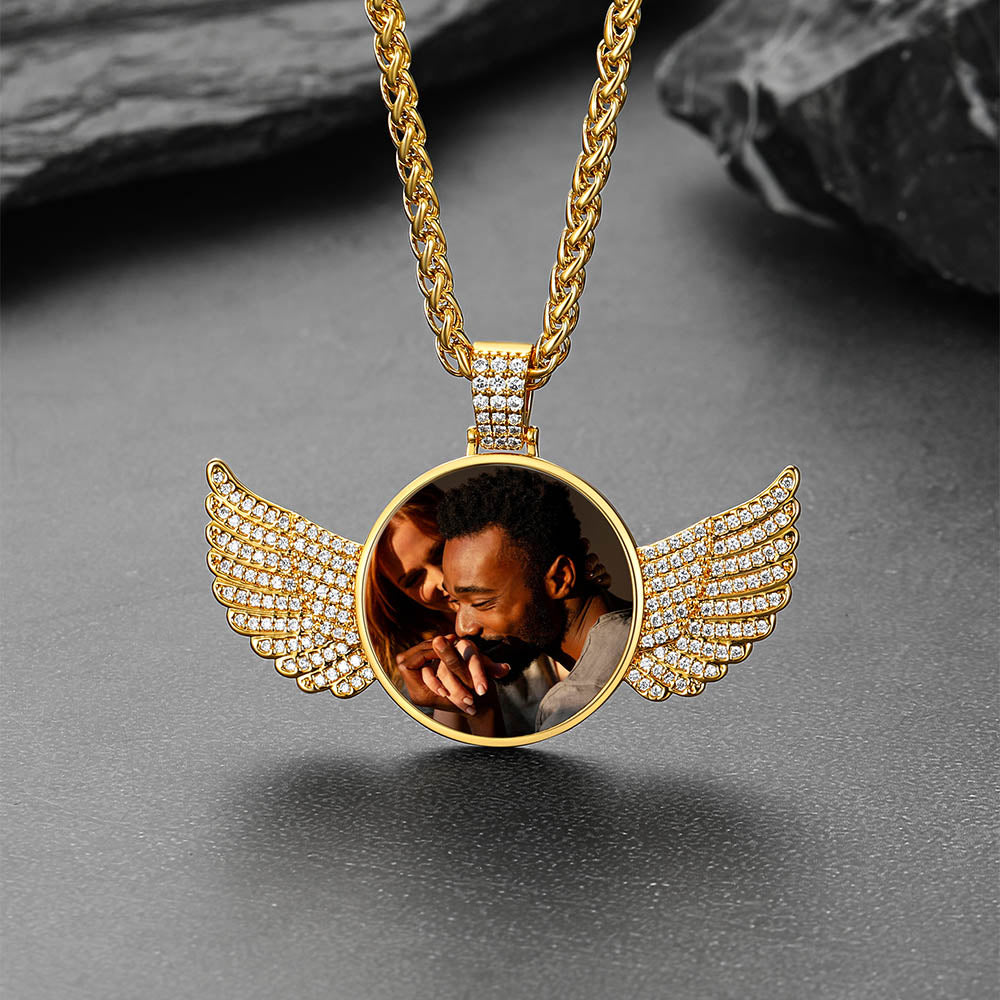 Custom Circle Picture Necklace With Angel Wing Memorial Gift for