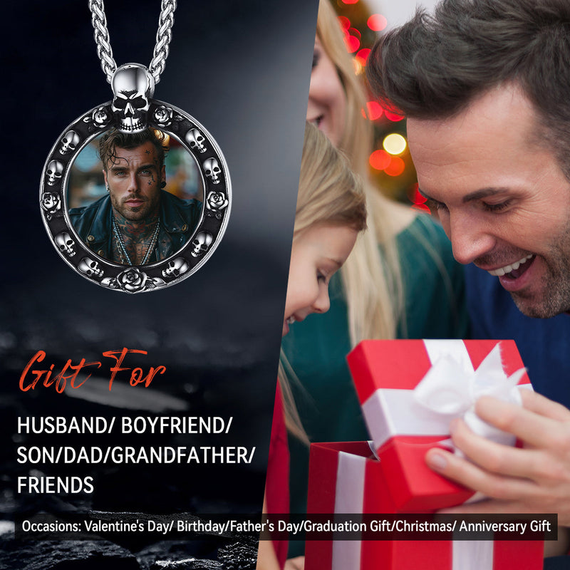 Customized Engraved Photo Necklace With Skull for