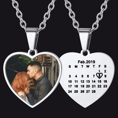 Customized Heart Photo Picture Necklace With Calendar for