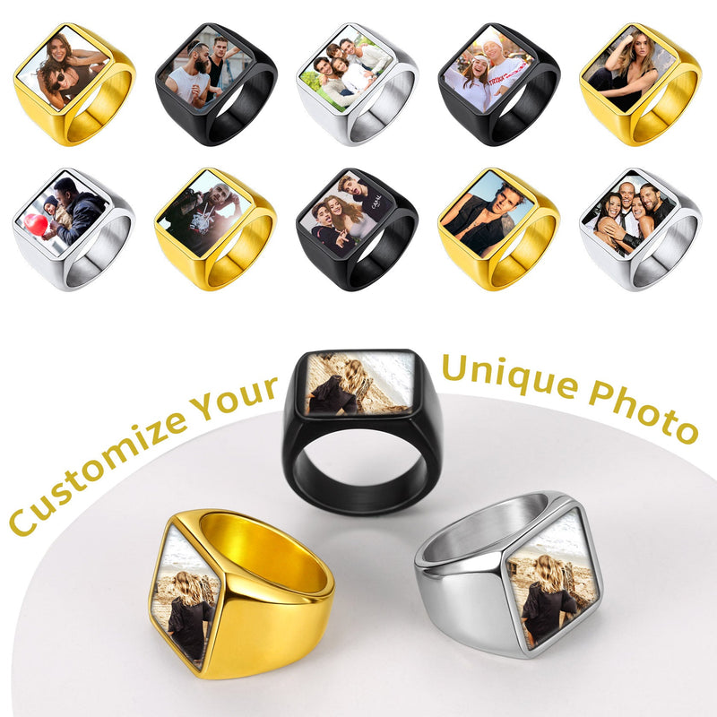 Customized Square Picture Signet Ring With Photo for
