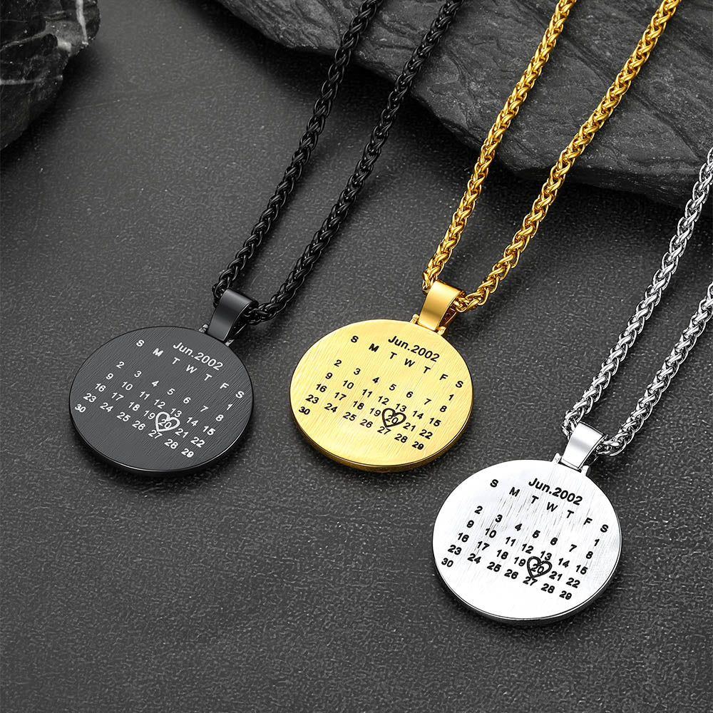 Customized Cz Picture Circle Chain Necklace With Calendar for